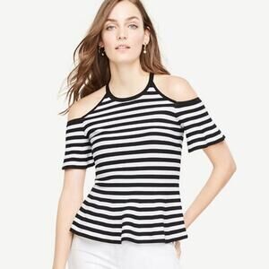 ANN TAYLOR Stripe Cut Out Cold Shoulder Peplum Sweater Top B&W Extra Small